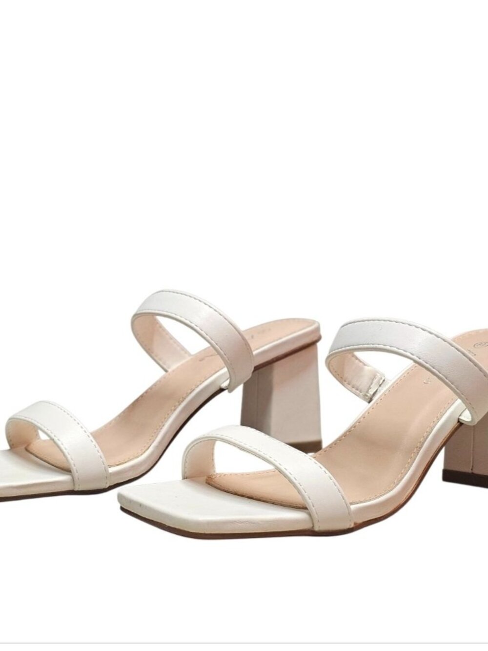 White Faux Leather Block Heel Sandals With Double Straps & Square Toe For Women - Picture 6 of 15